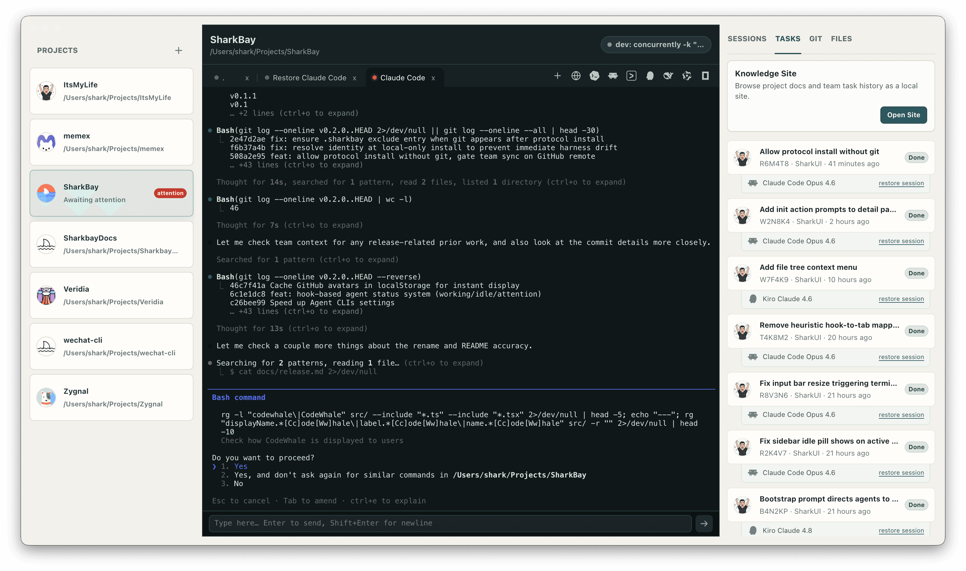 SharkBay product interface with local projects, agent terminal tabs, a launcher toolbar, and task records