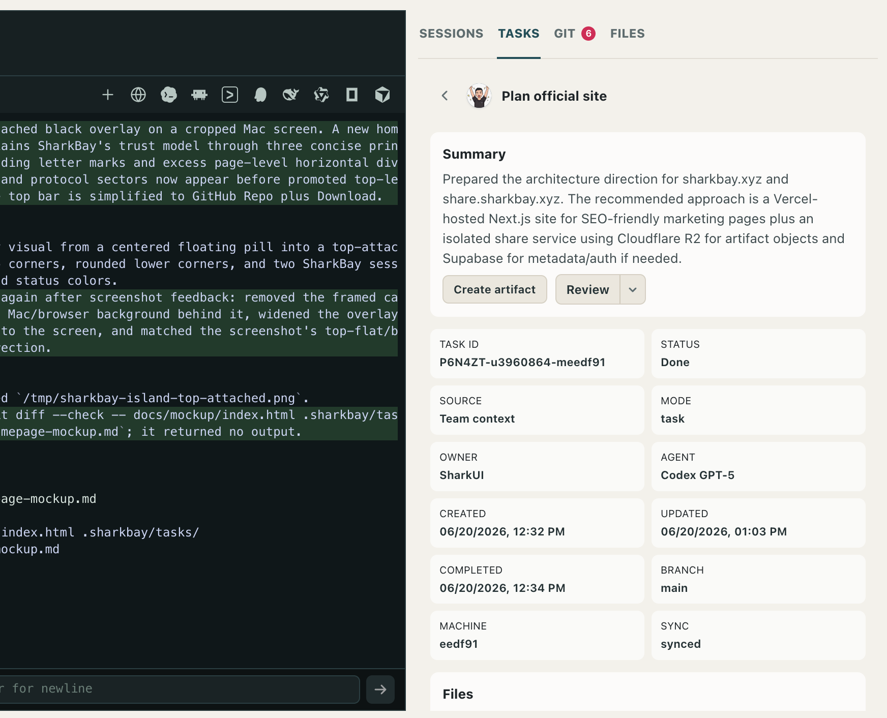 SharkBay task detail view showing protocol summary and metadata